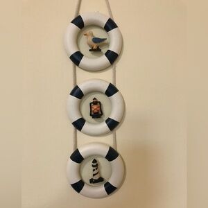 Nautical Wall Decor w/3 Life Preservers Rope hanger, 13”x4” Smoke/Pet Free Home